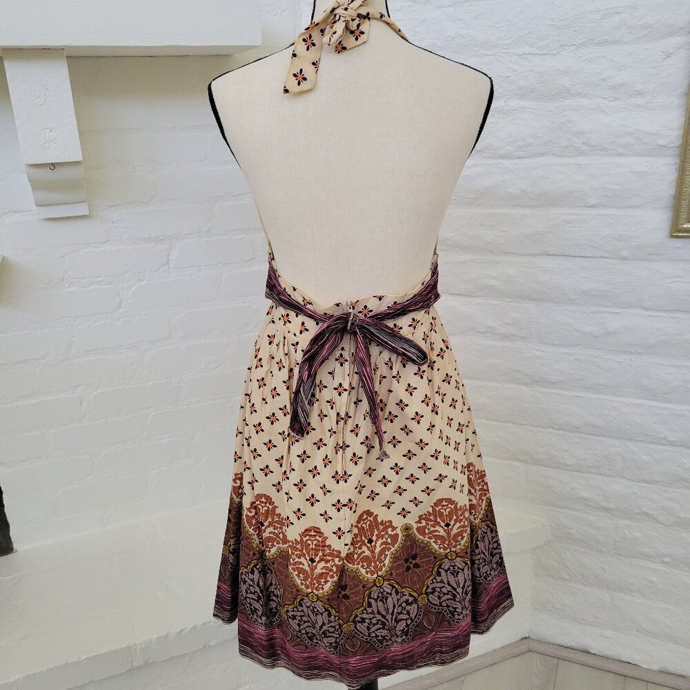 Women's Halter Dress Small Ivory Beige Paisley Floral Plunge Neckline Backless - Picture 7 of 9
